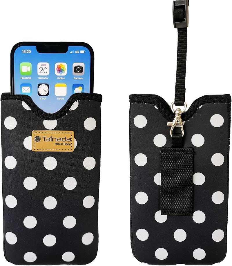 Tainada Men Women Neoprene Shockproof Phone Sleeve Pouch Carrying Case with Neck Lanyard, Belt Loop Holster for iPhone 17/16/15 Pro Max, 16/15/14 Plus; Samsung S25+, S24, A56 (Black White Polka Dots) - Image 1